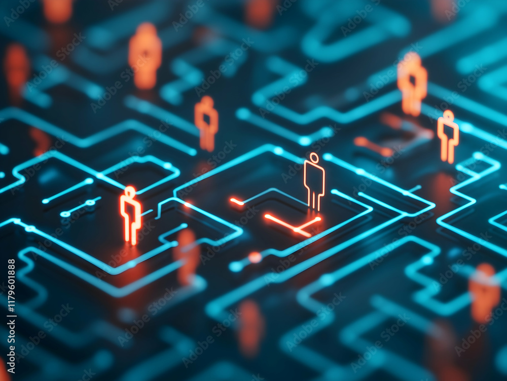 Poster a digital representation of a network with glowing figures, symbolizing connectivity and interaction