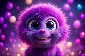 Fototapeta premium Fuzzy Purple Creature with Bokeh Background - Fun Children's Stock Photo