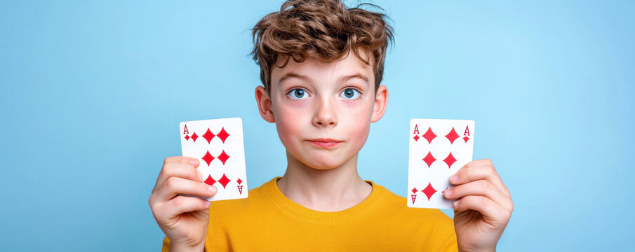 boy holding playing cards, showcasing his magic tricks with excitement