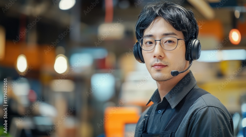 Poster japanese call center operator in modern office environment with headset and empty copyspace for text