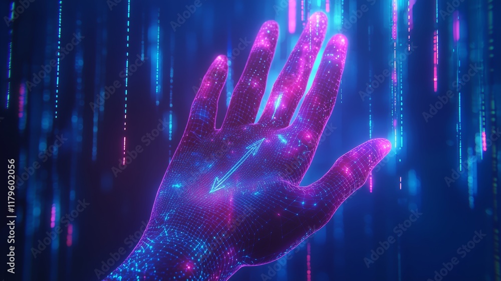 Poster futuristic digital hand with glowing particles and data streams