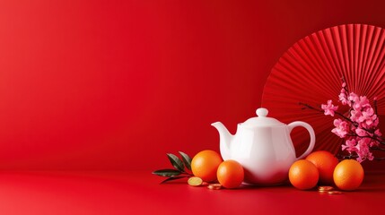 A vibrant red background features a white teapot, oranges, a decorative fan, and pink flowers, creating a festive and elegant atmosphere.