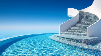 Curved Tiled Steps at Swimming Pool Entrance