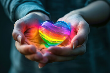 Beautiful colorful decorative heart in strong human hands on bright color, abstract vivid composition consists of fictional unreal fantastic vision on background
