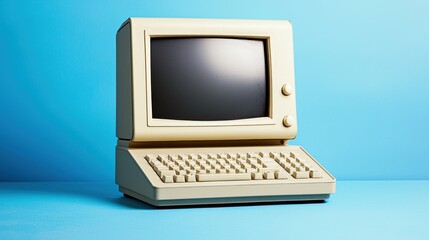 Vintage Beige Desktop Computer on Blue Background