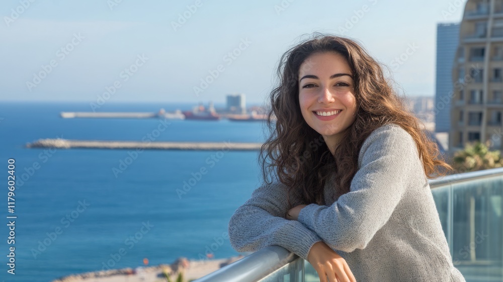 Wall mural Joyful woman in gray casual attire leaning on railing with azure sea and clear sky backdrop of Barcelona coastline during sunny summer day