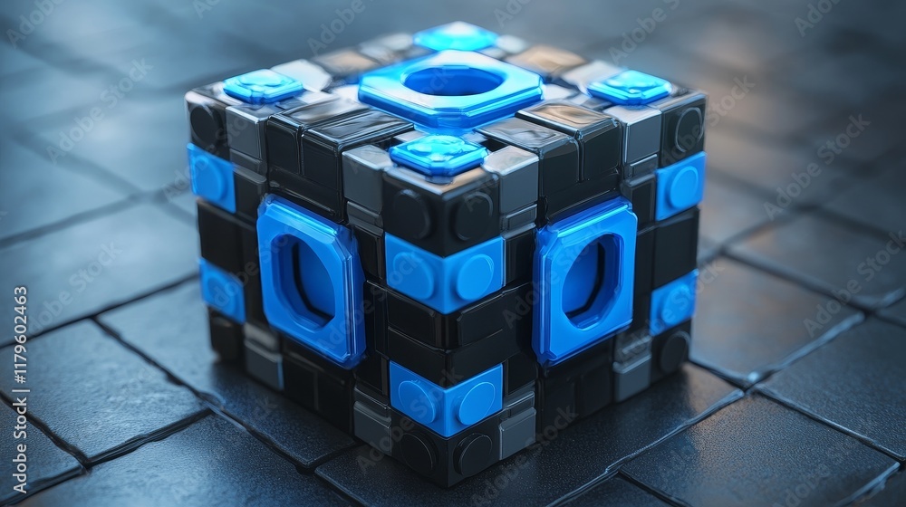 Poster realistic digital building block with a black and blue color scheme, viewed through a wide-angle len