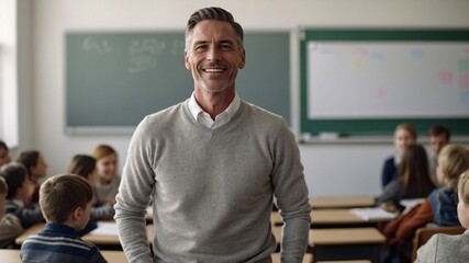 Engaging male teacher leads an interactive classroom filled with eager students during a vibrant learning session in a well-lit educational environment