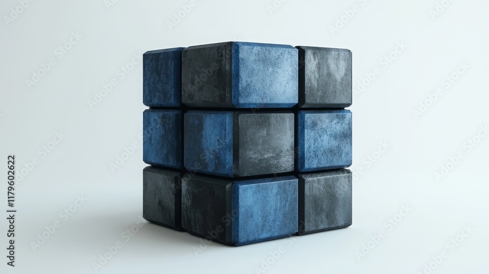 Poster realistic digital building block with a black and blue color scheme, viewed through a wide-angle len