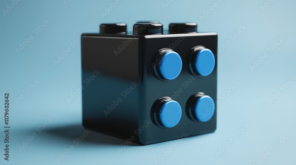Poster realistic digital building block with a black and blue color scheme, viewed through a wide-angle len