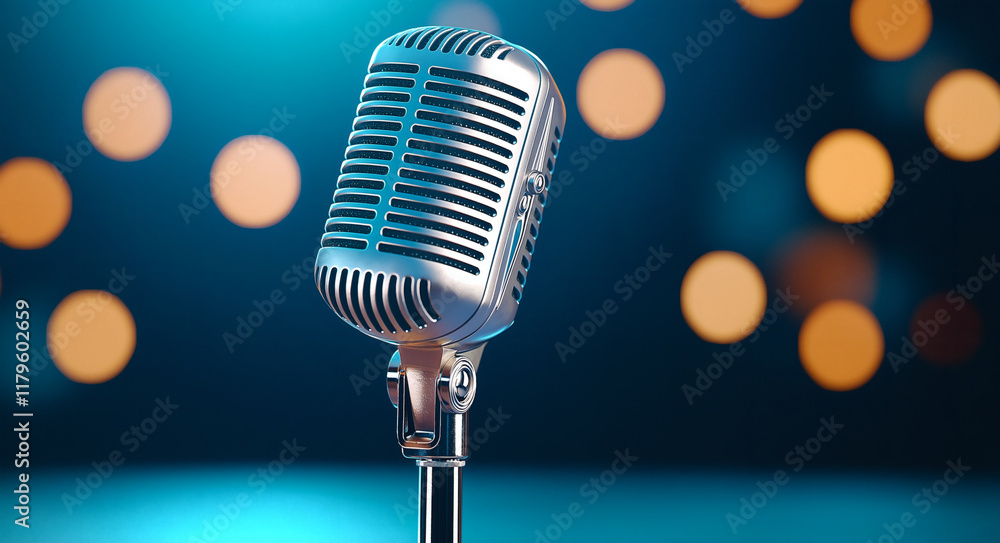 Aufkleber vintage microphone stands in foreground, surrounded by soft bokeh lights, creating nostalgic and art