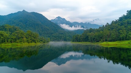 Obraz premium A serene landscape featuring a calm lake surrounded by lush green forests and majestic mountains, reflecting the beauty of nature.