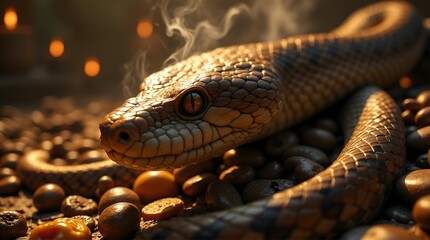 Fototapeta premium Close-up of a snake coiled among stones with steam rising in a mysterious dimly lit environment