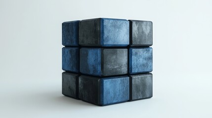 Realistic digital building block with a black and blue color scheme, viewed through a wide-angle lens, offering a modern and dynamic concept of digital technology and construction.