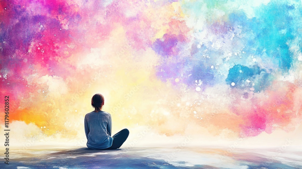 Aufkleber serene young woman meditating in front of vibrant colorful abstract sky with empty space for text in