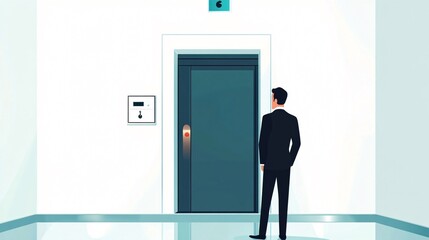 Businessman Waiting for Elevator in Modern Office Building: A Symbol of Urban Professional Life