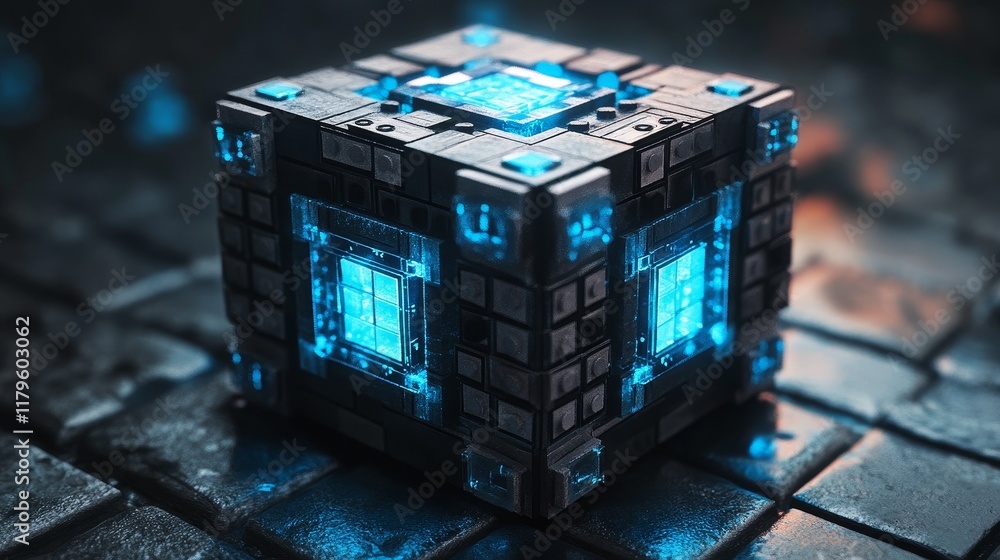 Poster realistic digital building block with a black and blue color scheme, viewed through a wide-angle len