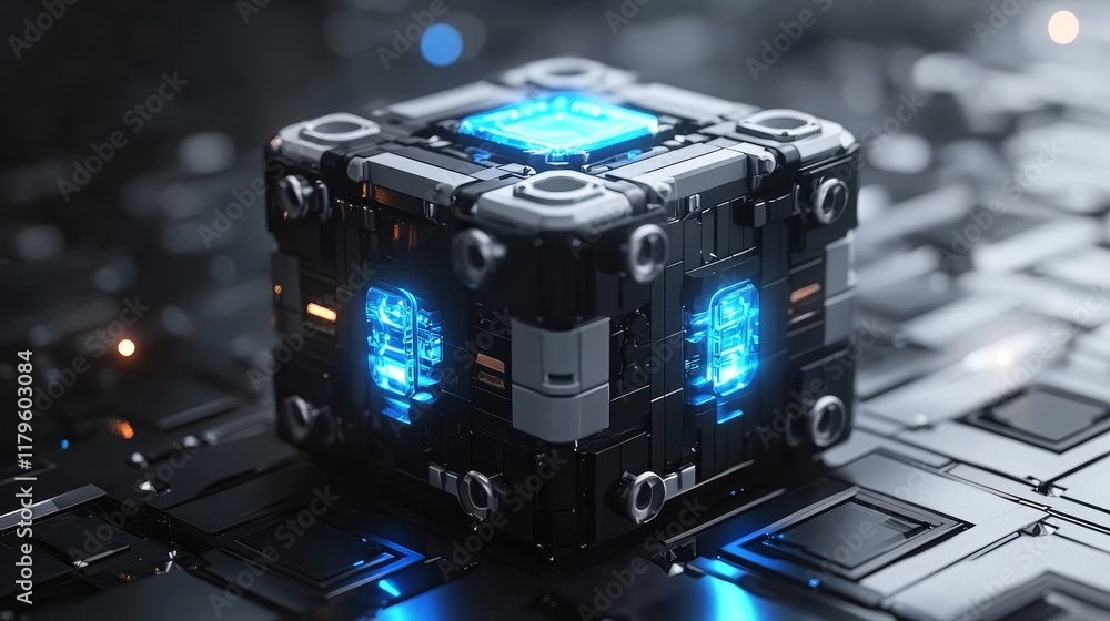 Poster realistic digital building block with a black and blue color scheme, viewed through a wide-angle len