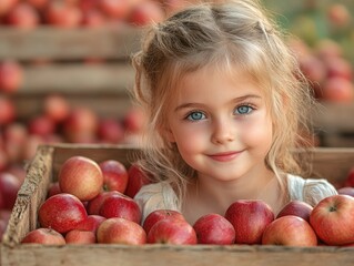 Charming young girl with blue eyes collecting fresh red apples in wooden crates on green grass in an apple orchard with soft sunlight ambiance