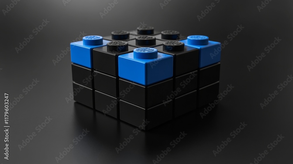 Poster realistic digital building block with a black and blue color scheme, viewed through a wide-angle len