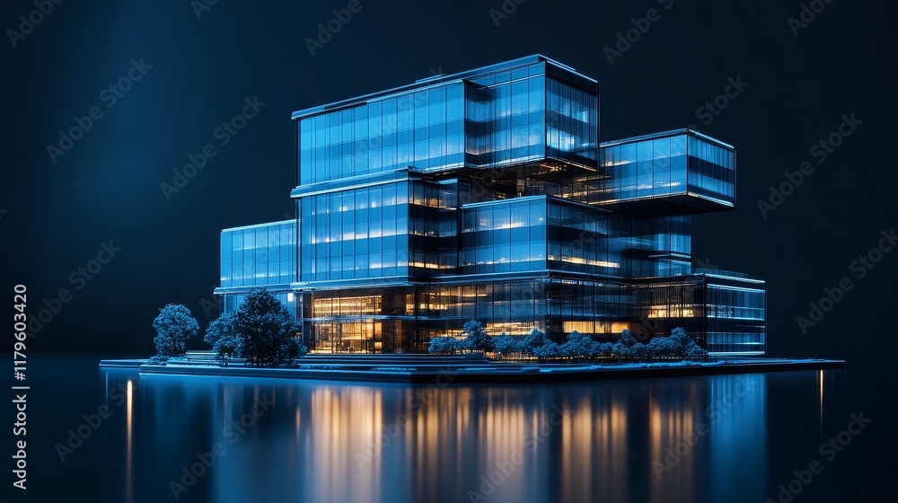 Poster realistic digital building block with a black and blue color scheme, viewed through a wide-angle len