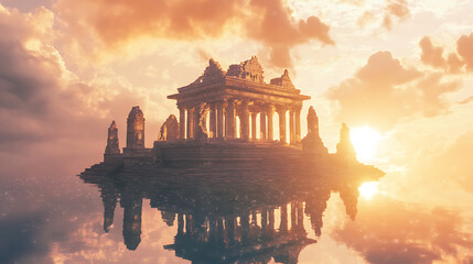 Obraz premium A serene temple structure reflected in water during a vibrant sunset.