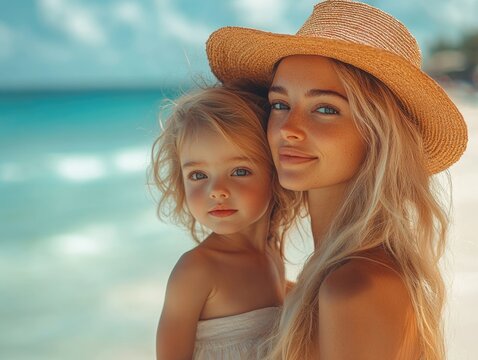 Mother and toddler girl enjoying a summer day at a scenic seaside resort with turquoise ocean waves and soft sandy beach backdrop