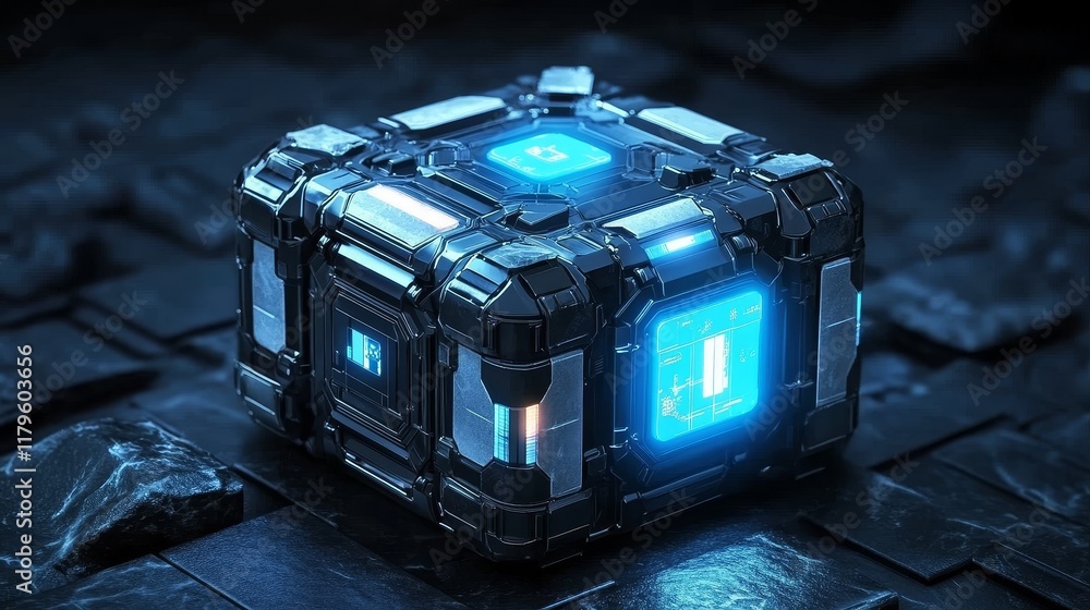 Poster realistic digital building block with a black and blue color scheme, viewed through a wide-angle len