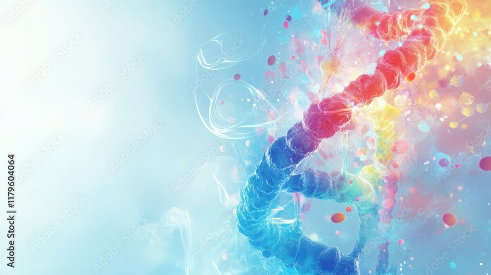 Poster medical researcher in laboratory examining dna structure with colorful abstract elements and light e