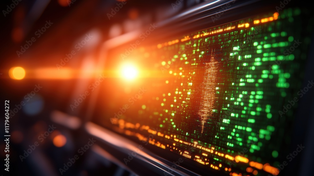 Poster vibrant computer screen illuminated with green and yellow lights creating a futuristic and dynamic w