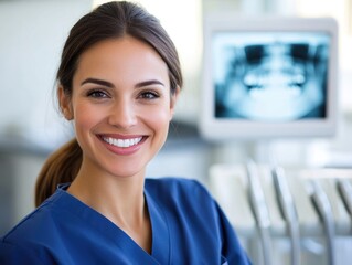 Smiling female nurse in blue scrubs displaying X-ray in a bright medical office with empty copyspace for text and modern dental equipment nearby