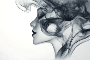 Fototapeta premium A woman's profile, enveloped in flowing smoke, evokes a serene and thoughtful mood.