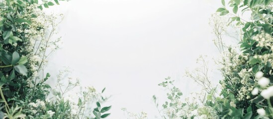 Obraz premium Profile of middle-aged woman in summer attire surrounded by lush green foliage and decorative vegetation with vast empty space for text.