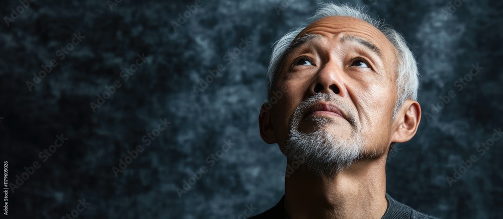 Poster asian senior man deep in thought gazing upwards against a dark textured background with ample copysp