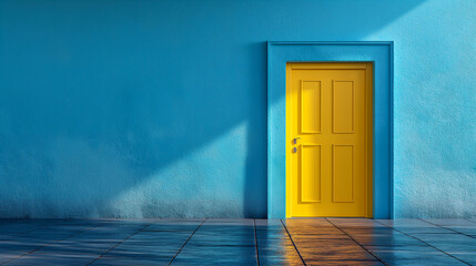 Yellow Doorway in a Blue Room With Wood Flooring. Generative AI
