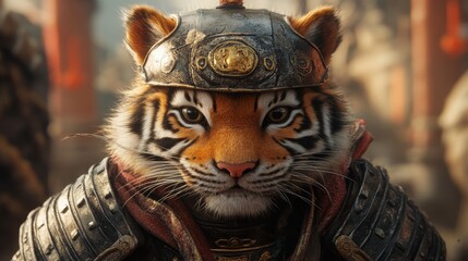 Fototapeta premium A cute little tiger wearing ancient Chinese armor