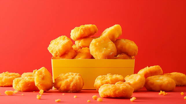 Fried golden squares naggets piled around a bright rectangular container. Generative AI