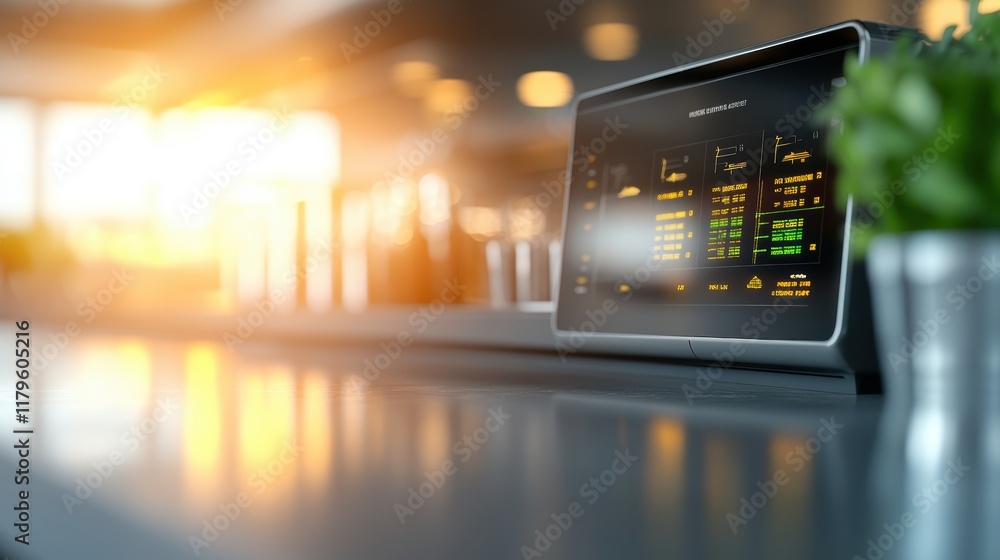 Poster modern computer monitor displaying vibrant graphics on wooden table in cozy home office setting with
