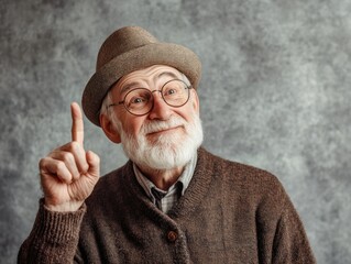 Cheerful senior man with white beard and glasses wearing brown sweater and hat pointing finger up in photo studio with grey background