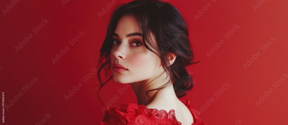 Poster brunette woman posing in studio with soft curls against vibrant red background, showcasing elegant p