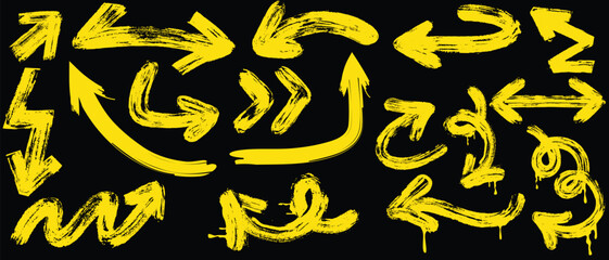 Brush, marker drawn bold arrows set. Collection of hand drawn doodle thick arrows in different directions.