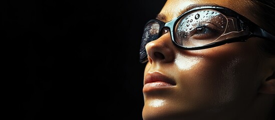 Portrait of a young athletic woman with swimming goggles on her forehead against a glossy black background showcasing sport and determination.