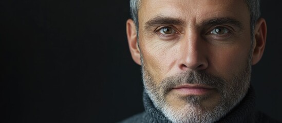 Obraz premium Studio Portrait of 50-Year-Old Middle-Aged Man with Gray Hair and Beard Against Dark Background Featuring Ample Copy Space for Text