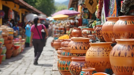 Fototapeta premium Vibrant Market Scene with Handcrafted Pottery and Colorful Stalls