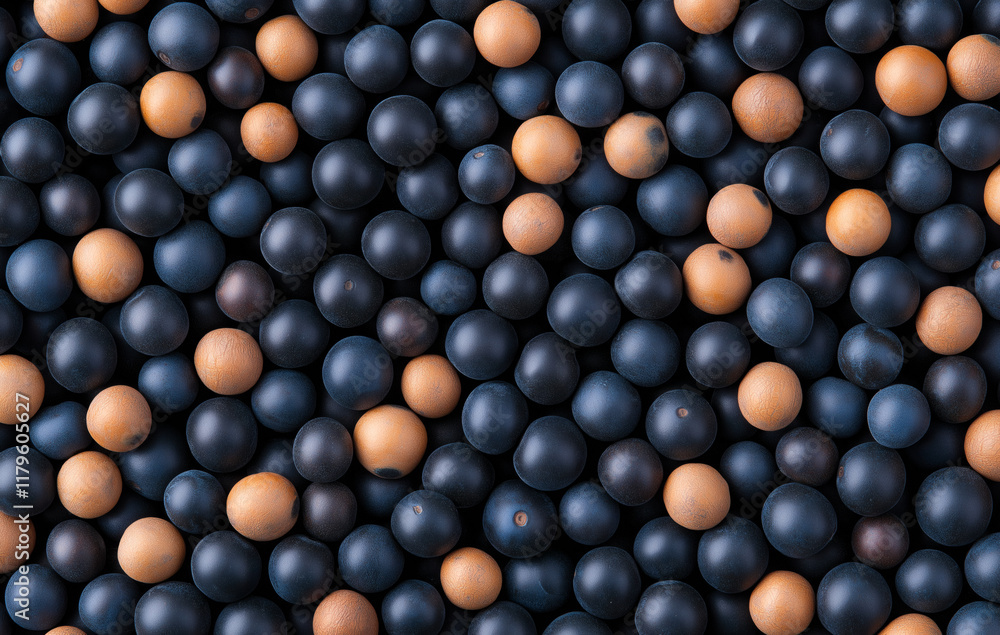Poster colorful arrangement of black and orange balls, creating visually striking pattern. contrast between