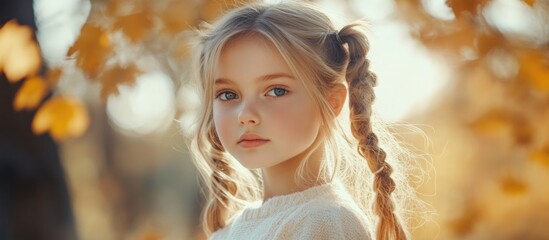 Fashionable outdoor portrait of beautiful young girl with pigtails hairstyle in warm autumn colors surrounded by golden leaves conveying youth and freshness