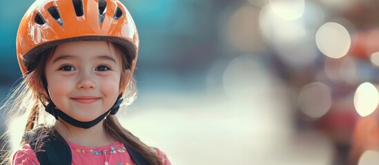 smiling young girl wearing orange bicycle helmet outdoors in bright sunlight with blurred background and ample empty space for text