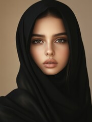 Naklejka premium Closeup portrait of a young Muslim woman with large expressive eyes wearing a black hijab against a soft beige background, ideal for text overlay.