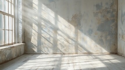 A completely white wall illuminated by rays of sunlight, creating a serene and peaceful atmosphere, with a soft and minimalistic aesthetic, ideal for showcasing light, space, and simplicity.