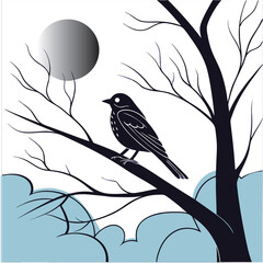 Fototapeta premium A black sparrow sits on a tree with a moon behind it. Plum Blossom, Full Moon and Nightingale Bird 